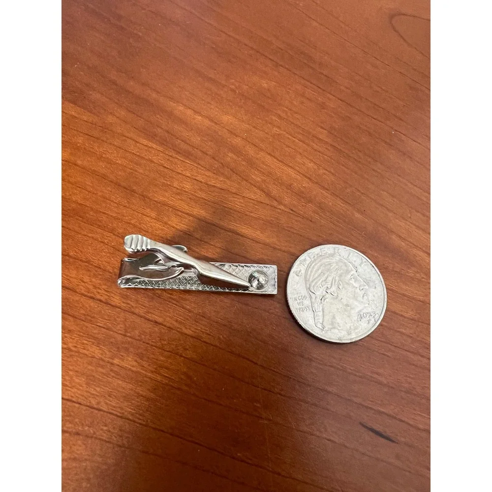 Vintage Mens Silver Tone Textured Cufflinks and Tie Clip Set with Clear Crystal
